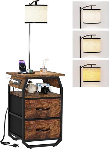 Floor Lamp with Table Set of 2, Night Stand with Lamp Attached 3-Color Temperature Bulb, End Table Lamp with 3 Drawers & Charging, Lamp Table Combo for Bedroom, Living Room, Dorm -Rustic Brown in Saudi Arabia