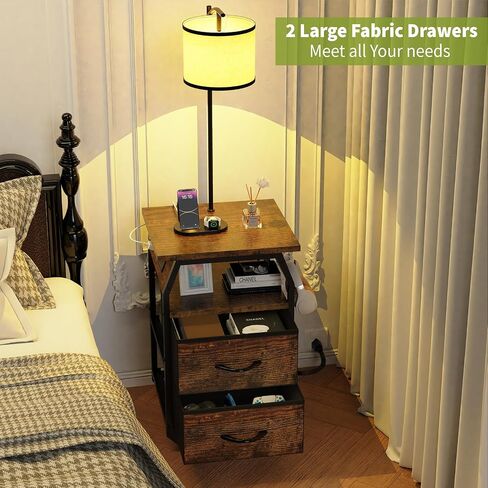 Floor Lamp with Table Set of 2, Night Stand with Lamp Attached 3-Color Temperature Bulb, End Table Lamp with 3 Drawers & Charging, Lamp Table Combo for Bedroom, Living Room, Dorm -Rustic Brown in Saudi Arabia