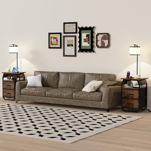 Floor Lamp with Table Set of 2, Night Stand with Lamp Attached 3-Color Temperature Bulb, End Table Lamp with 3 Drawers & Charging, Lamp Table Combo for Bedroom, Living Room, Dorm -Rustic Brown in Saudi Arabia