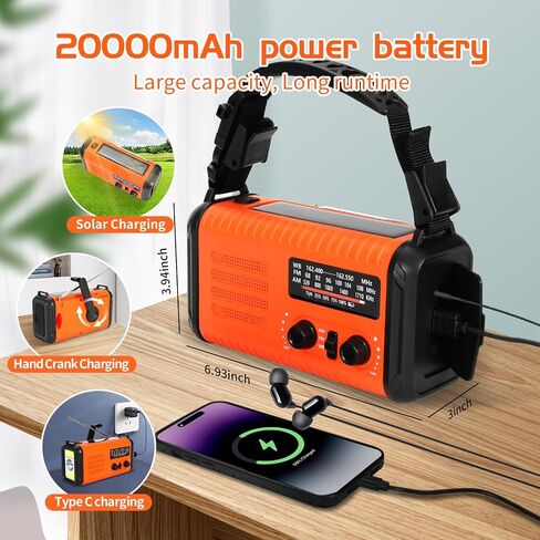 Emergency Weather Radio, 20000mAh Solar Radio, Hand Crank Radio with AM/FM/NOAA, Portable Radios with Flashlight & Reading Lamp, Earphone Jack,SOS Alarm, Phone Charger for Indoor Outdoor Emergencies in Saudi Arabia