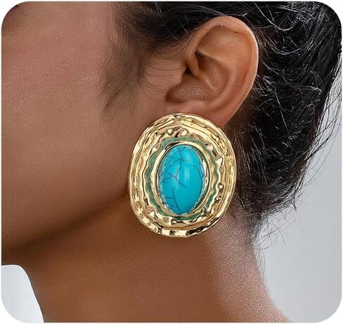 Chunky Gold Turquoise Statement Earrings for Women,Vintage Extra Big Oval Dangle Drop Earrings,Boho Exaggerated Western Jewelry Accessories in Saudi Arabia