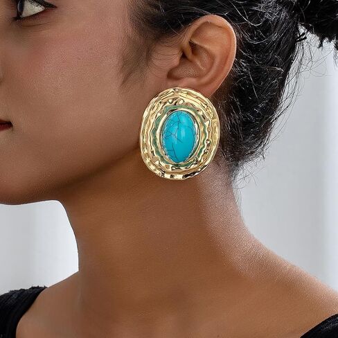 Chunky Gold Turquoise Statement Earrings for Women,Vintage Extra Big Oval Dangle Drop Earrings,Boho Exaggerated Western Jewelry Accessories in Saudi Arabia