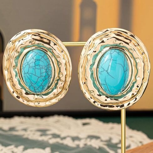Chunky Gold Turquoise Statement Earrings for Women,Vintage Extra Big Oval Dangle Drop Earrings,Boho Exaggerated Western Jewelry Accessories in Saudi Arabia