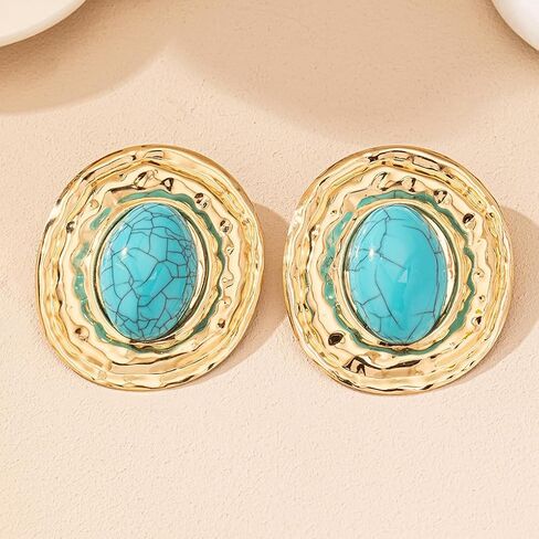 Chunky Gold Turquoise Statement Earrings for Women,Vintage Extra Big Oval Dangle Drop Earrings,Boho Exaggerated Western Jewelry Accessories in Saudi Arabia