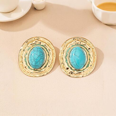 Chunky Gold Turquoise Statement Earrings for Women,Vintage Extra Big Oval Dangle Drop Earrings,Boho Exaggerated Western Jewelry Accessories in Saudi Arabia