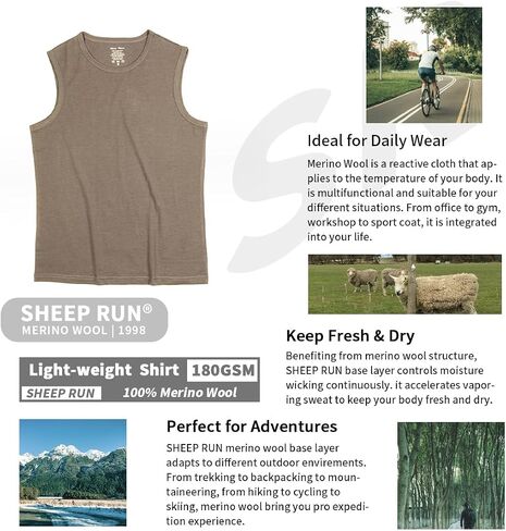 SHEEP RUN 100% Merino Wool Tank Top Men's Lightweight Wicking Breathable Workout Activewear Shirt in Saudi Arabia