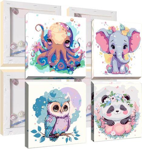 UMOART Framed Paint by Numbers - 4Packs Animals Paint by Numbers for Adults, Cow Paint by Number Kits on Canvas, DIY Cartoon Oil Painting Acrylic Kits for Home Decor 8x8in in Kuwait