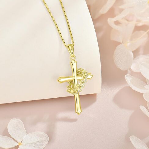 Crown Cross Necklace for Women, 925 Sterling Silver Cross With Rotated Ring Pendant Necklace, Dainty 14K Yellow/White Gold Plated Faith Jewelry Gift in Kuwait