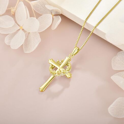 Crown Cross Necklace for Women, 925 Sterling Silver Cross With Rotated Ring Pendant Necklace, Dainty 14K Yellow/White Gold Plated Faith Jewelry Gift in Kuwait
