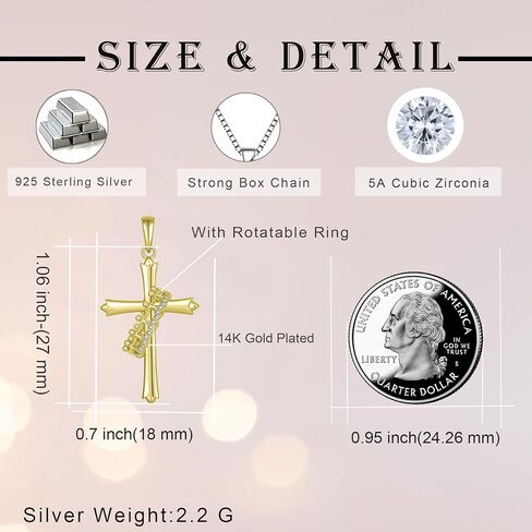 Crown Cross Necklace for Women, 925 Sterling Silver Cross With Rotated Ring Pendant Necklace, Dainty 14K Yellow/White Gold Plated Faith Jewelry Gift in Kuwait