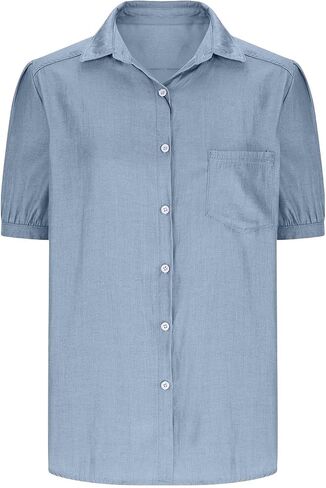 Puff Sleeve Blouse for Women Button Down Casual Shirts Summer Short Sleeve Collared Tops with Pocket in Saudi Arabia
