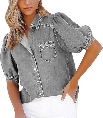 Puff Sleeve Blouse for Women Button Down Casual Shirts Summer Short Sleeve Collared Tops with Pocket in Saudi Arabia