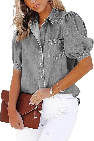 Puff Sleeve Blouse for Women Button Down Casual Shirts Summer Short Sleeve Collared Tops with Pocket in Saudi Arabia