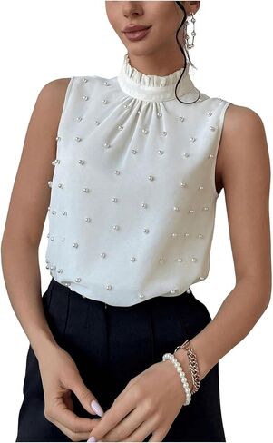 Floerns Women's Elegant Ruffle Mock Neck Pearl Beaded Blouse Sleeveless Office Shirt Top in Saudi Arabia