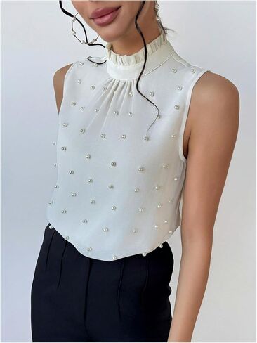 Floerns Women's Elegant Ruffle Mock Neck Pearl Beaded Blouse Sleeveless Office Shirt Top in Saudi Arabia