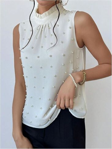 Floerns Women's Elegant Ruffle Mock Neck Pearl Beaded Blouse Sleeveless Office Shirt Top in Saudi Arabia