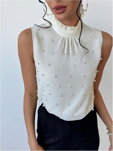 Floerns Women's Elegant Ruffle Mock Neck Pearl Beaded Blouse Sleeveless Office Shirt Top in Saudi Arabia