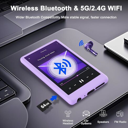 96GB MP3 Player with Bluetooth and WiFi, 4" Touch Screen Mp4 Player with Spotify, APP Store, Audible, Music, Video, FM, E-Book, Games, Includes Earphones, 64G TF Card,Black in Saudi Arabia