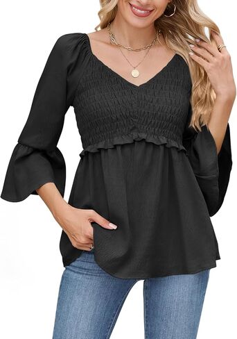 Womens Ruffle 3/4 Sleeve Babydoll Tops V Neck Peplum Blouse Smocked Loose Fit Tunic Top Bell Sleeve Dressy Tee Shirts in Saudi Arabia