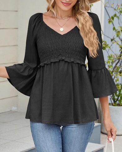 Womens Ruffle 3/4 Sleeve Babydoll Tops V Neck Peplum Blouse Smocked Loose Fit Tunic Top Bell Sleeve Dressy Tee Shirts in Saudi Arabia