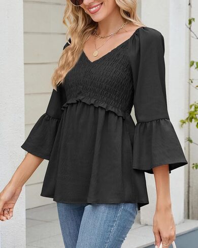 Womens Ruffle 3/4 Sleeve Babydoll Tops V Neck Peplum Blouse Smocked Loose Fit Tunic Top Bell Sleeve Dressy Tee Shirts in Saudi Arabia