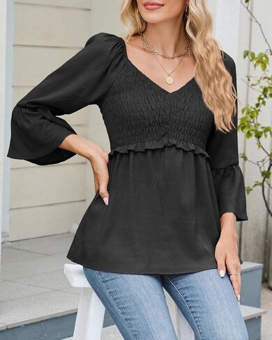 Womens Ruffle 3/4 Sleeve Babydoll Tops V Neck Peplum Blouse Smocked Loose Fit Tunic Top Bell Sleeve Dressy Tee Shirts in Saudi Arabia