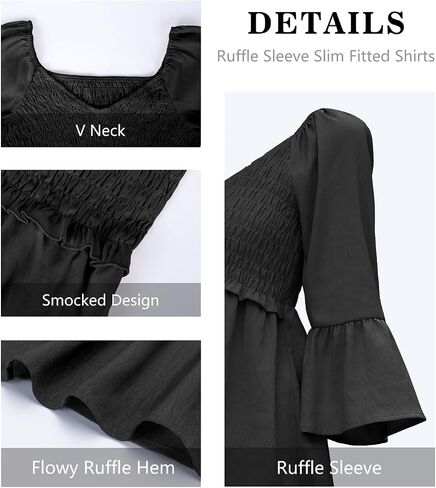 Womens Ruffle 3/4 Sleeve Babydoll Tops V Neck Peplum Blouse Smocked Loose Fit Tunic Top Bell Sleeve Dressy Tee Shirts in Saudi Arabia