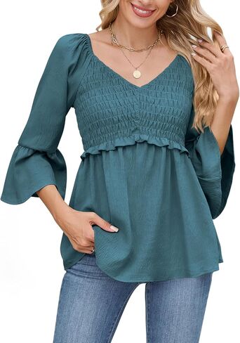 Womens Ruffle 3/4 Sleeve Babydoll Tops V Neck Peplum Blouse Smocked Loose Fit Tunic Top Bell Sleeve Dressy Tee Shirts in Saudi Arabia