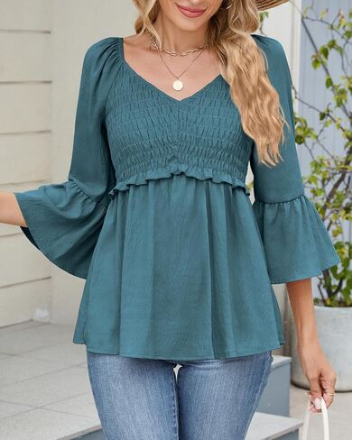 Womens Ruffle 3/4 Sleeve Babydoll Tops V Neck Peplum Blouse Smocked Loose Fit Tunic Top Bell Sleeve Dressy Tee Shirts in Saudi Arabia