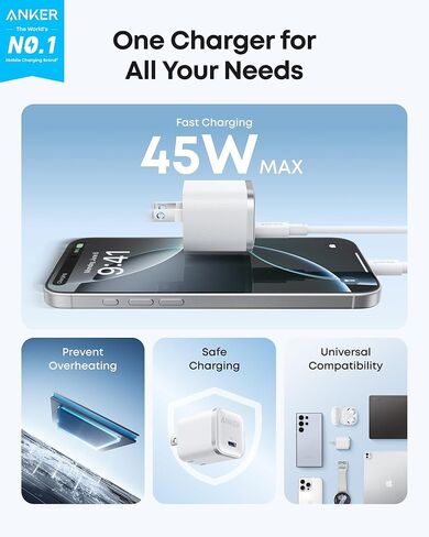 Anker iPhone Charger, 45W Type C Fast Charging, USB C Charger Block | Includes 6FT USB-C Cable and Foldable Plug, for iPhone 17/16 Series,MacBook, Pixel 9, iPad and More in Kuwait