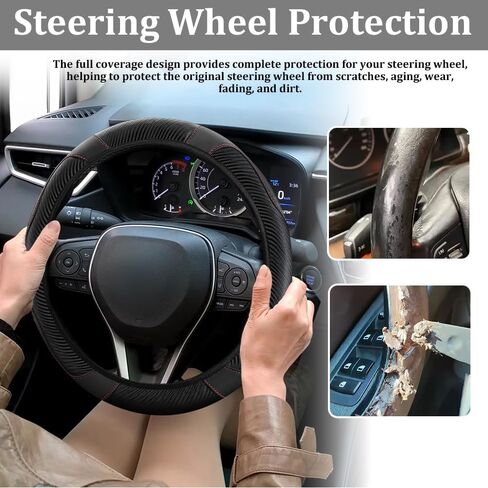 Car Steering Wheel Cover, Steering Wheel Protector, 15 inch Durable Leather Cover with Anti-Slip Lining, Universal Carbon Fiber Microfiber Leather Car Accessories for Most Cars (Black) in Kuwait