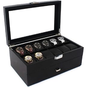 Carbon Fiber Watch Box for Men, 24 Slot Watch Case Organizer with Double-Deck & Glass Top, Lockable Watch Display Case, Jewelry Holder Cabinets 13.4 * 8.3 * 5.8 in in Kuwait