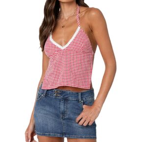 Women Plaid Backless Crop Top Y2k Lace Trim Open Back Tie-Up Spaghetti Strap Tank Top Summer Gingham Going Out Top in Kuwait