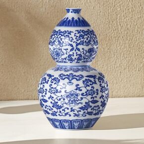 Houlu 10.5 بوصة مزهرية زهرة من السيراميك الأزرق والأبيض للقرارات المركزية ، إناء صيني مستدير متوسطة للزهور والديكور المنزلي - إناء البوق in Kuwait