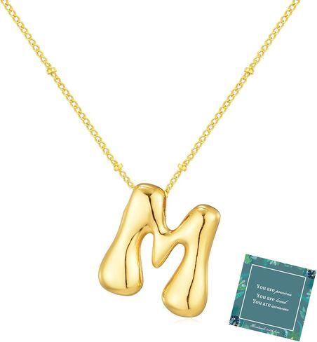 14K Gold Plated Bubble Letter Necklace 3D Initial Pendant with Beaded Chain Personalized Name Jewelry for Women in Saudi Arabia