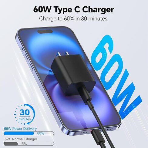 Phone Chager Fast Charging, 20W USB C Charger, 10FT Appple Fast Charging Cord, 2Pack Type C Charger for i Phone 16/16 Pro/16 Pro Max/15/15 Plus/15 Pro/15 Pro Max - Blue and Purple in Kuwait