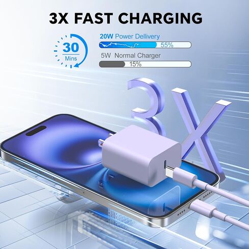 Phone Chager Fast Charging, 20W USB C Charger, 10FT Appple Fast Charging Cord, 2Pack Type C Charger for i Phone 16/16 Pro/16 Pro Max/15/15 Plus/15 Pro/15 Pro Max - Blue and Purple in Saudi Arabia