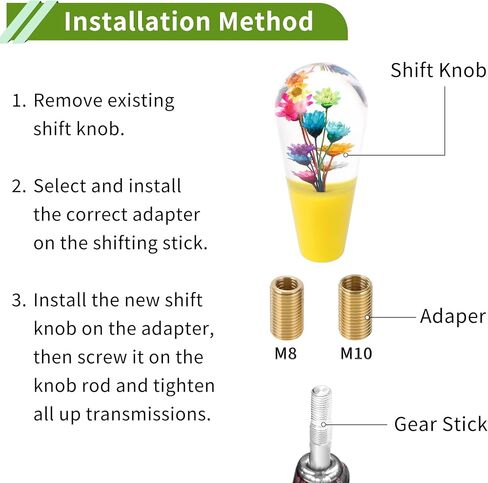 Flower Shift Knob Universal Gear Shifter Knob Acrylic Stick Shifter Lever Knob for Automatic and Manual Vehicle with 2 Adapter Clear Green 1 Set in Saudi Arabia