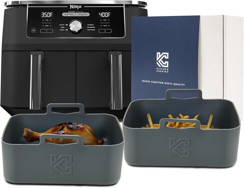Premium 4-Pc Silicone Air Fryer Liner Set, Custom Made Air Fryer Liners compatible with Ninja Dual 9.5L, 2 Large Air Fryer Liners and 2 Mitts Air Fryer Accessories by Kitchen Curated in Saudi Arabia