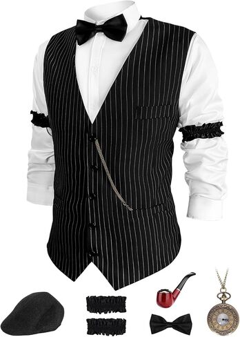 1920s Mens Costume Set-Roaring 20s Gangster Outfit with Fedora Hat, Vintage Vest, Pocket Watch & Clip-on Bow Tie in Kuwait
