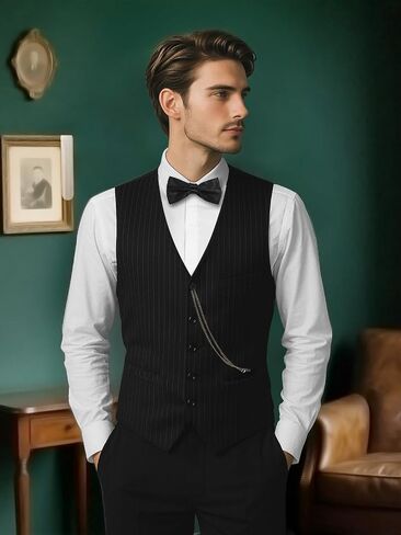 1920s Mens Costume Set-Roaring 20s Gangster Outfit with Fedora Hat, Vintage Vest, Pocket Watch & Clip-on Bow Tie in Kuwait