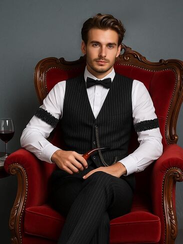 1920s Mens Costume Set-Roaring 20s Gangster Outfit with Fedora Hat, Vintage Vest, Pocket Watch & Clip-on Bow Tie in Kuwait