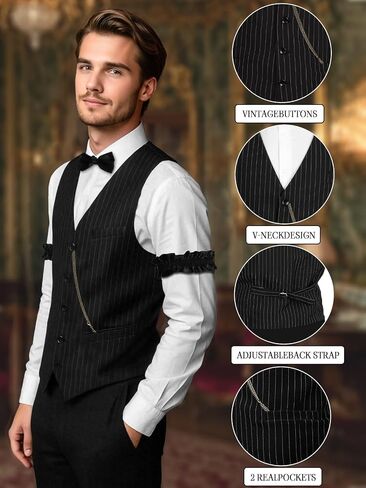 1920s Mens Costume Set-Roaring 20s Gangster Outfit with Fedora Hat, Vintage Vest, Pocket Watch & Clip-on Bow Tie in Kuwait