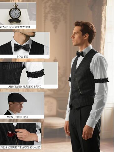 1920s Mens Costume Set-Roaring 20s Gangster Outfit with Fedora Hat, Vintage Vest, Pocket Watch & Clip-on Bow Tie in Kuwait