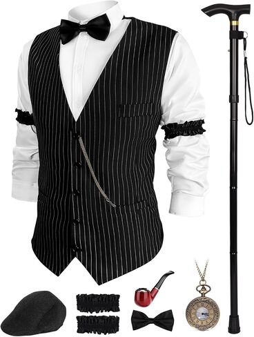 1920s Mens Costume Set-Roaring 20s Gangster Outfit with Fedora Hat, Vintage Vest, Pocket Watch & Clip-on Bow Tie in Kuwait
