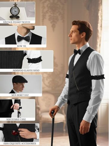 1920s Mens Costume Set-Roaring 20s Gangster Outfit with Fedora Hat, Vintage Vest, Pocket Watch & Clip-on Bow Tie in Kuwait