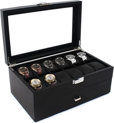 Carbon Fiber Watch Box for Men, 24 Slot Watch Case Organizer with Double-Deck & Glass Top, Lockable Watch Display Case, Jewelry Holder Cabinets 13.4 * 8.3 * 5.8 in in Kuwait