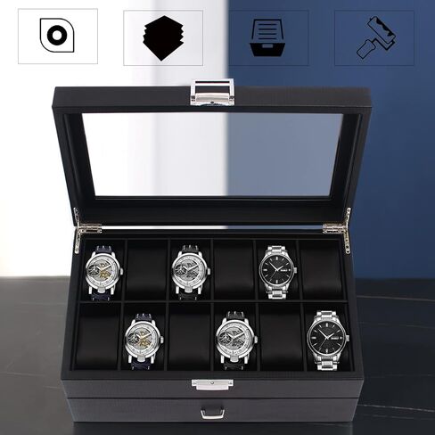 Carbon Fiber Watch Box for Men, 24 Slot Watch Case Organizer with Double-Deck & Glass Top, Lockable Watch Display Case, Jewelry Holder Cabinets 13.4 * 8.3 * 5.8 in in Kuwait