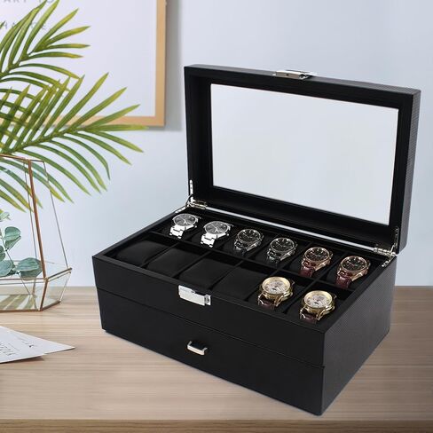 Carbon Fiber Watch Box for Men, 24 Slot Watch Case Organizer with Double-Deck & Glass Top, Lockable Watch Display Case, Jewelry Holder Cabinets 13.4 * 8.3 * 5.8 in in Kuwait