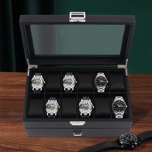 Carbon Fiber Watch Box for Men, 24 Slot Watch Case Organizer with Double-Deck & Glass Top, Lockable Watch Display Case, Jewelry Holder Cabinets 13.4 * 8.3 * 5.8 in in Kuwait